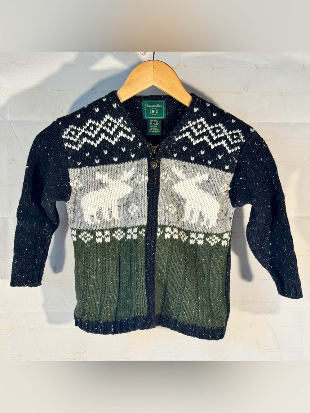 Eagle's Eye Moose Sweater Zip Cardigan Wool Blend Black Green Gray Boys 3T